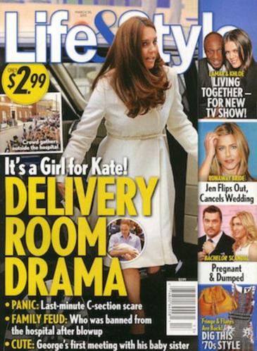 美国杂志《Life Style》以“凯特王妃喜得爱女”为题发布了凯特王妃“诞下”第二胎的消息。（图片来源：《每日邮报》）