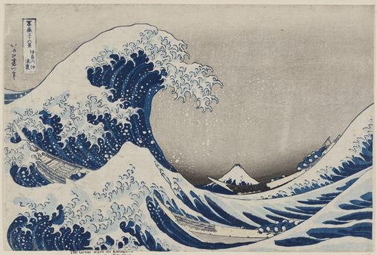 《神奈川冲浪里》（Kanagawa-oki nami-ura），又名《巨浪》，出自《富岳三十六景》系列 (Fugaku sanjûrokkei） 艺术家：葛饰北斋（日本, 1760–1849） 年份：约1830-31年（Tenpô 1–2） 类别：浮世绘; 纸本彩墨 * William Sturgis Bigelow Collection* 图片：© Museum of Fine Arts, Boston
