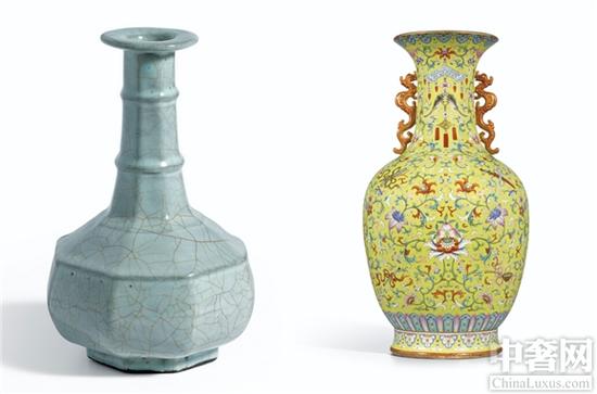 日本珍藏官窑八方瓶（左）和八仙双龙耳瓶（右）