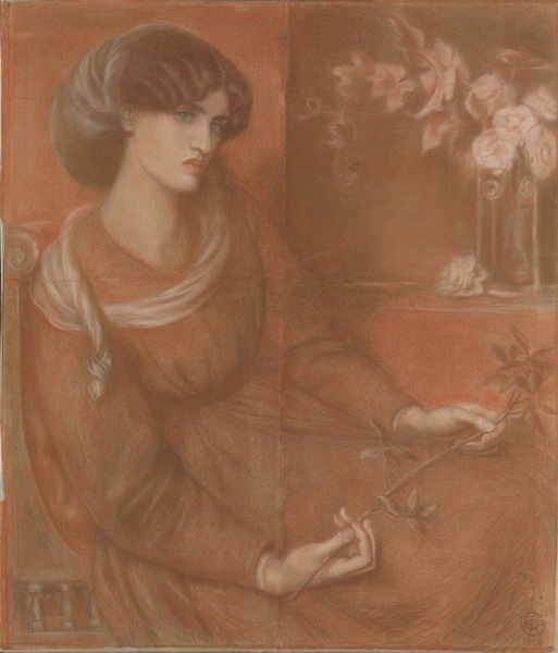 但丁·加百列·罗塞蒂，《简·莫里斯—为了玛丽安娜》（1868），红粉笔，35 3/4 x 30 3/4英寸。（鸣谢大都会艺术博物馆，杰西·莱蒙特·特拉斯捐赠基金会。1947）