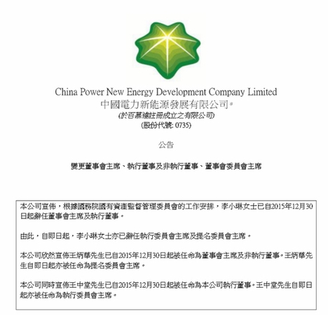 李小琳辞任中国电力新能源董事会主席