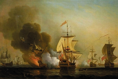 著名海战油画《“圣荷西”号爆炸》。作者是英国著名的风景画家塞缪尔·斯科特，他也是著名的海战油画家。