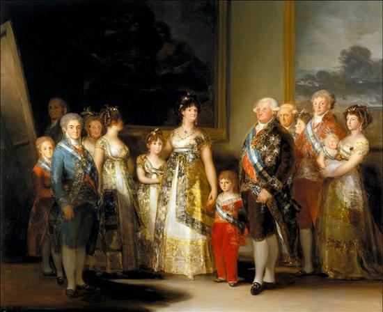 《查理四世一家》1800-1801年，布面油画，280cm*336cm ，马德里，普拉多博物馆