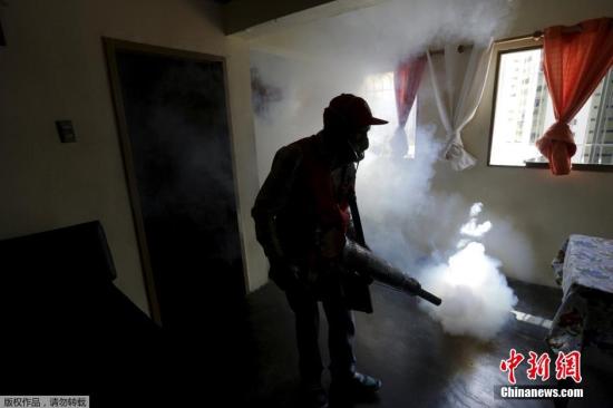 当地时间2016年1月28日，委内瑞拉加拉加斯，市政工人用熏烟消毒法帮助控制寨卡病毒扩散。