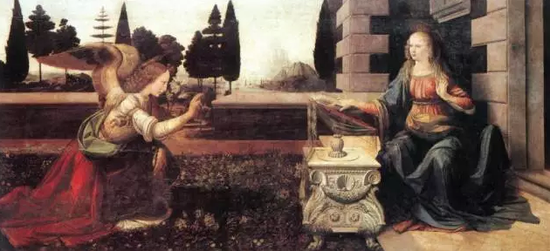 达·芬奇，《天使报喜》（1475）。李奥纳多·迪卡普里奥的母亲就是在这张画前为决定为儿子取名为李奥纳多  　　图片：virtualuffizi.com