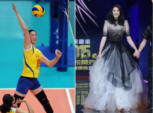 新华社照片，北京，2016年3月7日
    （体育·专题）（14）女汉子和女神：只是一件礼服的距离
    她们是女汉子，在赛场上纵横驰骋；她们也是女神，在舞台上妩媚摇曳。对于她们来说，女汉子和女神之间也许只是一件礼服的距离。2016年三·八妇女节来临之际，我们用一组图片展示赛场上那些女汉子变女神的各自风采。
    左图：2013年7月15日，北京队球员薛明在第十二届全运会女子排球成年组名次赛中扣球。
    右图：2016年1月24日，薛明出席“2015CCTV体坛风云人物年度评选”颁奖典礼。
    新华社发
    