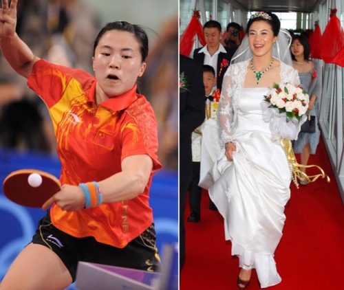 新华社照片，北京，2016年3月7日
    （体育·专题）（15）女汉子和女神：只是一件礼服的距离
    她们是女汉子，在赛场上纵横驰骋；她们也是女神，在舞台上妩媚摇曳。对于她们来说，女汉子和女神之间也许只是一件礼服的距离。2016年三·八妇女节来临之际，我们用一组图片展示赛场上那些女汉子变女神的各自风采。
    左图：2008年8月22日，中国选手王楠在北京奥运会乒乓球女子单打决赛中。
    右图：2008年9月27日，王楠在山东烟台与郭斌举行婚礼。
    新华社发
    