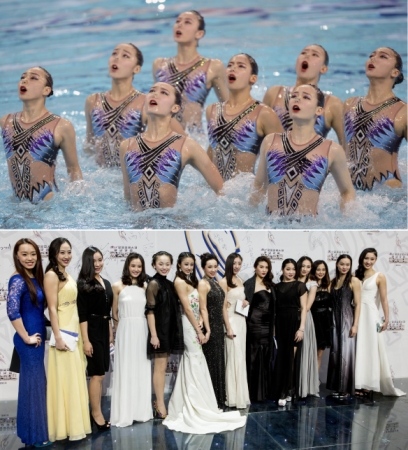 新华社照片，北京，2016年3月7日
    （体育·专题）（25）女汉子和女神：只是一件礼服的距离
    她们是女汉子，在赛场上纵横驰骋；她们也是女神，在舞台上妩媚摇曳。对于她们来说，女汉子和女神之间也许只是一件礼服的距离。2016年三·八妇女节来临之际，我们用一组图片展示赛场上那些女汉子变女神的各自风采。
    上图：2015年12月13日，中国花样游泳队选手在第十届国际泳联花样游泳大奖赛中。
    下图：2015年2月1日，中国花样游泳队队员出席“2014CCTV体坛风云人物年度评选”颁奖典礼。
    新华社发
    