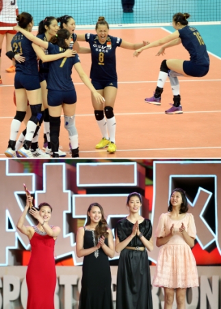 新华社照片，北京，2016年3月7日
    （体育·专题）（26）女汉子和女神：只是一件礼服的距离
    她们是女汉子，在赛场上纵横驰骋；她们也是女神，在舞台上妩媚摇曳。对于她们来说，女汉子和女神之间也许只是一件礼服的距离。2016年三·八妇女节来临之际，我们用一组图片展示赛场上那些女汉子变女神的各自风采。
    上图：2015年9月6日，中国队球员在第12届女排世界杯上庆祝夺冠。
    下图：2016年1月24日，中国女排队员魏秋月、曾春蕾、朱婷、袁心玥（从左至右）在“2015CCTV体坛风云人物年度评选”颁奖典礼上代表中国女子排球队领取“年度最佳团队奖”。
    新华社发
    