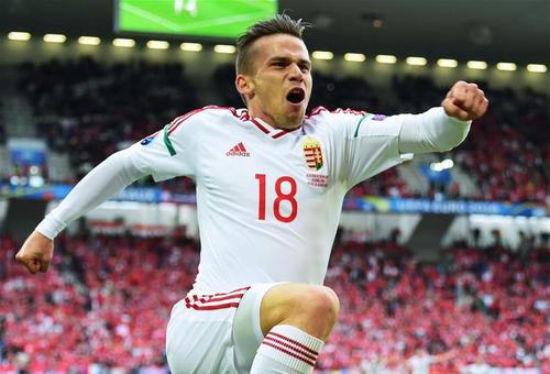 6月14日，匈牙利队球员施蒂贝尔在比赛中庆祝进球。当日，在法国波尔多进行的2016年欧洲足球锦标赛小组赛F组比赛中，匈牙利队以2比0战胜奥地利队。 新华社法新