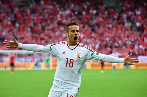 6月14日，匈牙利队球员施蒂贝尔在比赛中庆祝进球。当日，在法国波尔多进行的2016年欧洲足球锦标赛小组赛F组比赛中，奥地利队对阵匈牙利队。 新华社 法新
