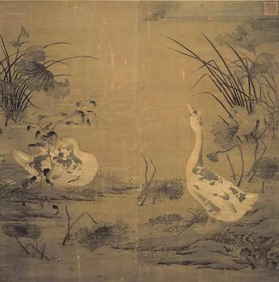 《秋塘双雁图》 北宋 佚名  绢本设色，170×167cm，
台北故宫藏