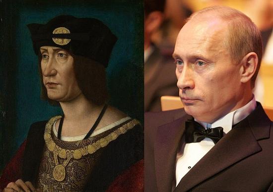 左： 让·佩雷拉（Jean Perréal），《路易十二国王肖像》（Portrait of King Louis XII），约1500年。图片：Courtesy of Wikicommons 右：弗拉基米尔·普京，2008。图片：Courtesy of Wikicommons