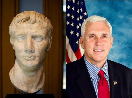 左：奥古斯都大帝头像，公元前25年-公元前1年。图片：Courtesy Flickr Creative Commons 右：迈克·彭斯，2010。图片：Courtesy Wikicommons