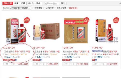 京东销售的53度茅台飞天酒每瓶价格突破了1000元。