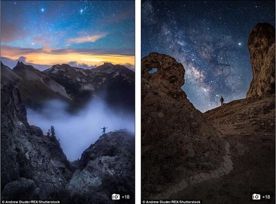 图左，华盛顿Tatoosh山脉；图右，加州的星空。