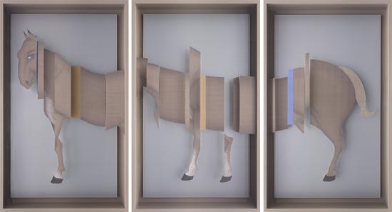 《白马非马》 155x95厘米x3 绢本绘画装置 2015年
