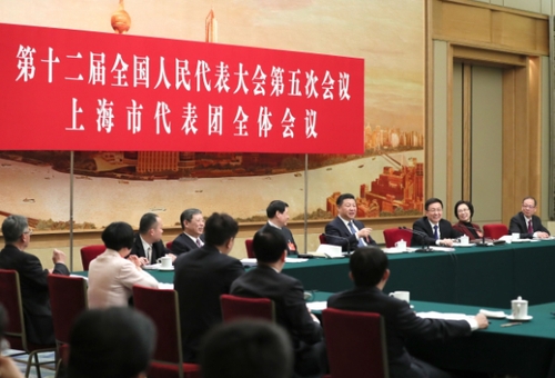 3月5日，中共中央总书记、国家主席、中央军委主席习近平参加十二届全国人大五次会议上海代表团的审议。