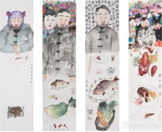 李津 龙的盛宴 2017 纸本设色 138.5×35cm ×4