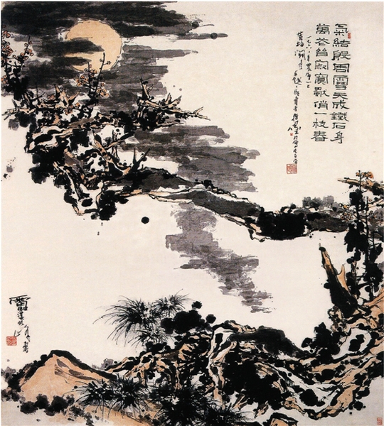潘天寿 梅月图 中国画（指墨） 182×152cm 1966年