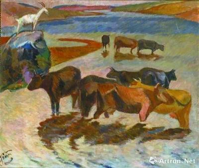 中国侨网《安塔那赛湖边的牛群》 尤斯丁纳斯·维安侬辛斯科斯 1941年 油画