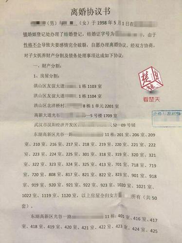 武汉曝光土豪离婚协议书:涉及分割63套房产(图
