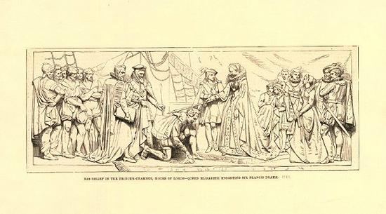 描绘英女王伊丽莎白一世在甲板上授予德雷克骑士称号的19世纪版画。图片来源:The British Museum