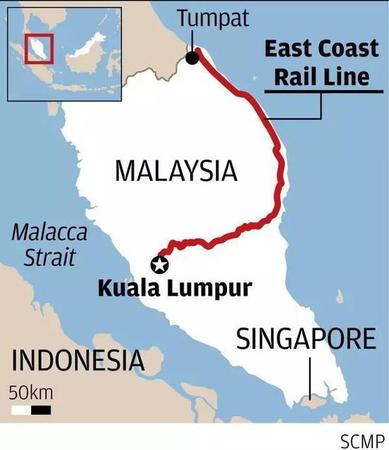 ▲东海岸铁路项目将把马来半岛东西海岸连接起来。（《南华早报》网站）