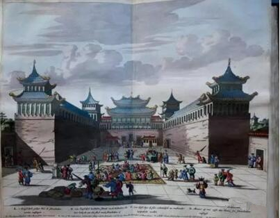 《荷兰人在北京朝贡图》 1662年，彩色版画，Olfert Dapper,GedenkwaerdigBedrijf, 1670年