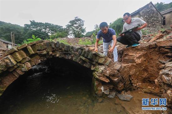 8月22日，在江苏省盱眙县棚户区改造现场，工作人员戚家坤（左）、刘刚在对三星桥进行考古勘查。