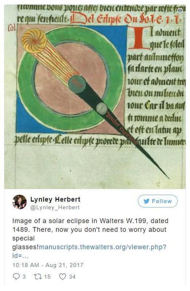 “看，这是1489年在Walters W.199日全食的照片。看这张照片的时候，你不用带特殊的眼镜噢！”。图片：Lynley Herbert的Instagram