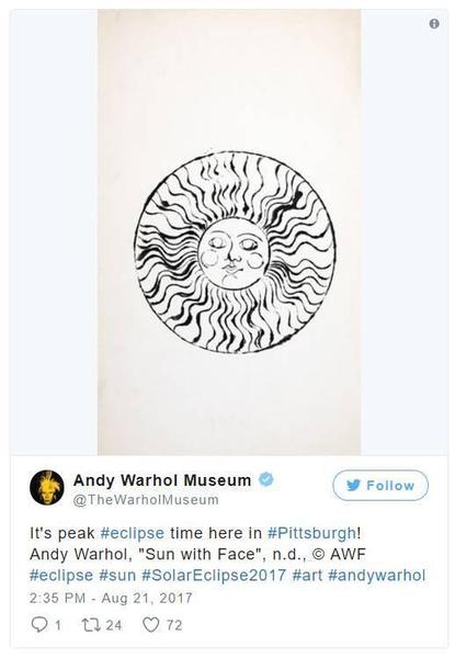 “匹兹堡的日食时间到了！安迪·沃霍尔，《Sun with Face》，n.d。”。图片：Andy Warhol Museum的Instagram