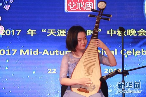 中国驻尼日利亚使馆工作人员表演琵琶独奏。新华网发