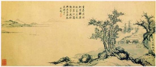 元代张观《疏林茅屋图》，北京故宫博物院藏