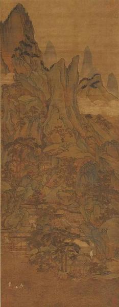胡廷晖《春山泛艇图》 绢本，青绿设色，纵143cm，横55.5cm，北京故宫博物院藏