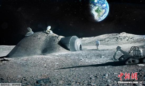 资料图：欧洲航天局发布的3D打印月球基地效果图。