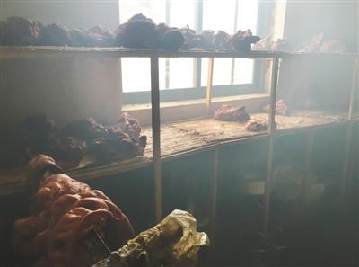 　1月7日中午，河间市黎民居乡窦庄村一黑作坊内，晾肉架上摆放了已经煮好的“假驴肉”。