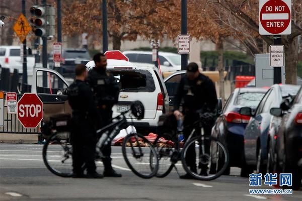 2月23日，在美国华盛顿，特勤局警察在汽车撞击安全栅栏事件现场附近交谈。