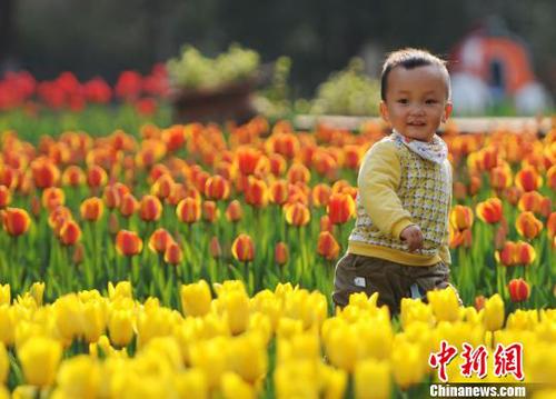 3月22日，小朋友在江西九江市濂溪区的九江新湖郁金香花博会现场玩耍。　胡国林　摄