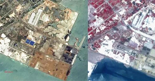 铁山港码头冶炼废渣堆存，填海面积增加（左为2016年6月卫片，右为2018年5月卫片  图片来源：生态环境部）