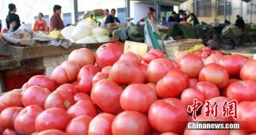 资料图：市某农贸市场里头里出售的西红柿。