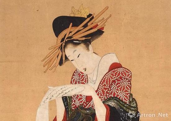 《艺妓读信》局部，喜多川歌麿  （？-1806），彩色木刻版画，约1805—1806年