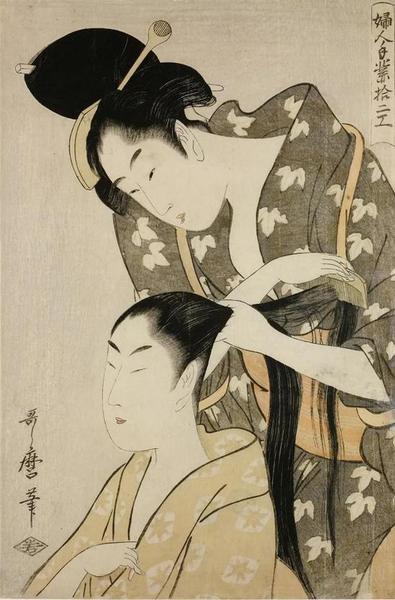《婦人手業拾二工》，喜多川歌麿（1753?1806），彩色木刻版画