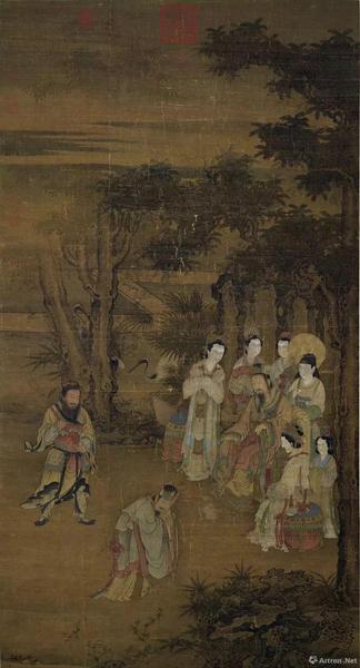 宋人《却坐图》绢本设色，纵146.8厘米，横77.3厘米，现藏台北故宫博物院