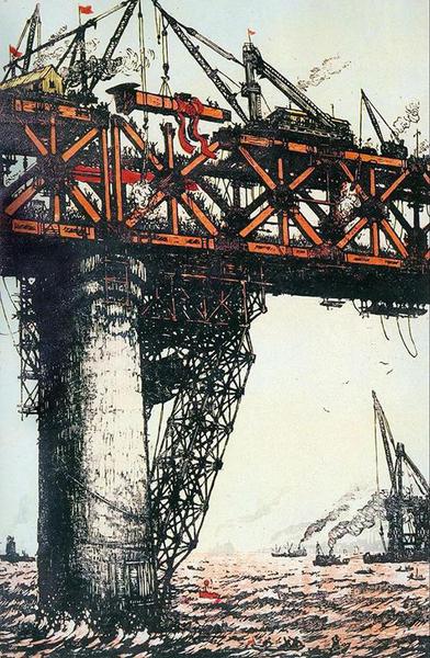 武石 最后一根钢梁 80.5×53.5cm 版画 1957年 湖北美术馆藏