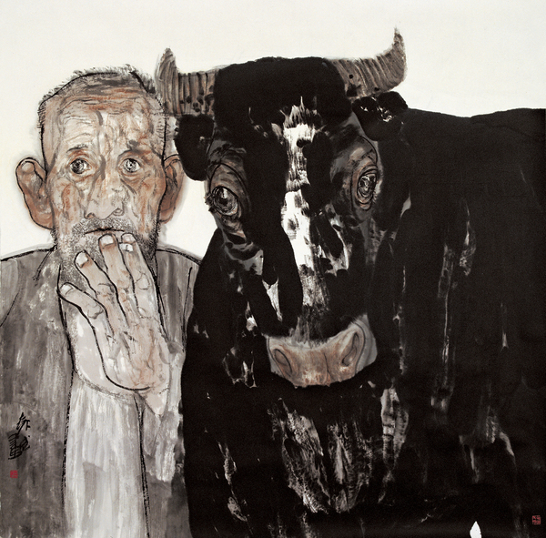 袁武，老人与牛之一 ，145×145cm，纸本水墨设色，2011