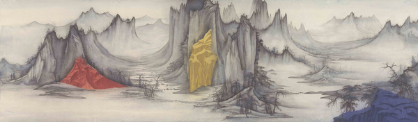 徐累，互山-1，61.5×210cm，纸本水墨设色，2017XU Lei,  Interact Mountains 1, 61.5×210cm, Ink and color on paper, 2017