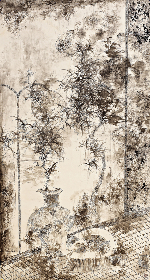 张卫，溢之二，190×98cm，纸本水墨，2013