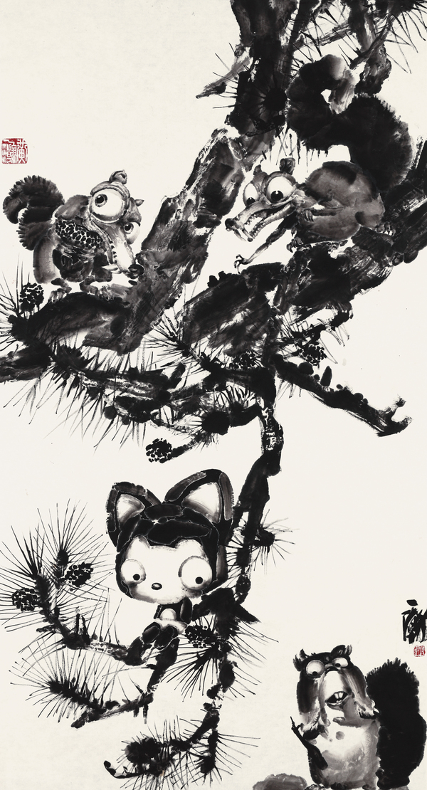 黄一瀚 卡通水墨花鸟系列之三  244cm×100cm  纸本水墨  2012年