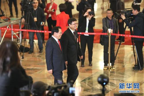 　　3月5日，第十三届全国人民代表大会第二次会议在北京人民大会堂开幕。这是全国人大代表陈刚（右）、李东生步入“代表通道”，准备接受采访。 新华社记者金立旺摄